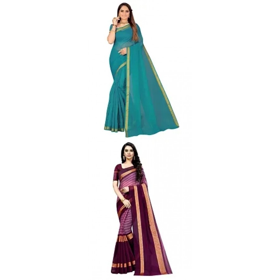 Stylish Cotton Blend Saree With Blouse Piece For Women Pack Of 2