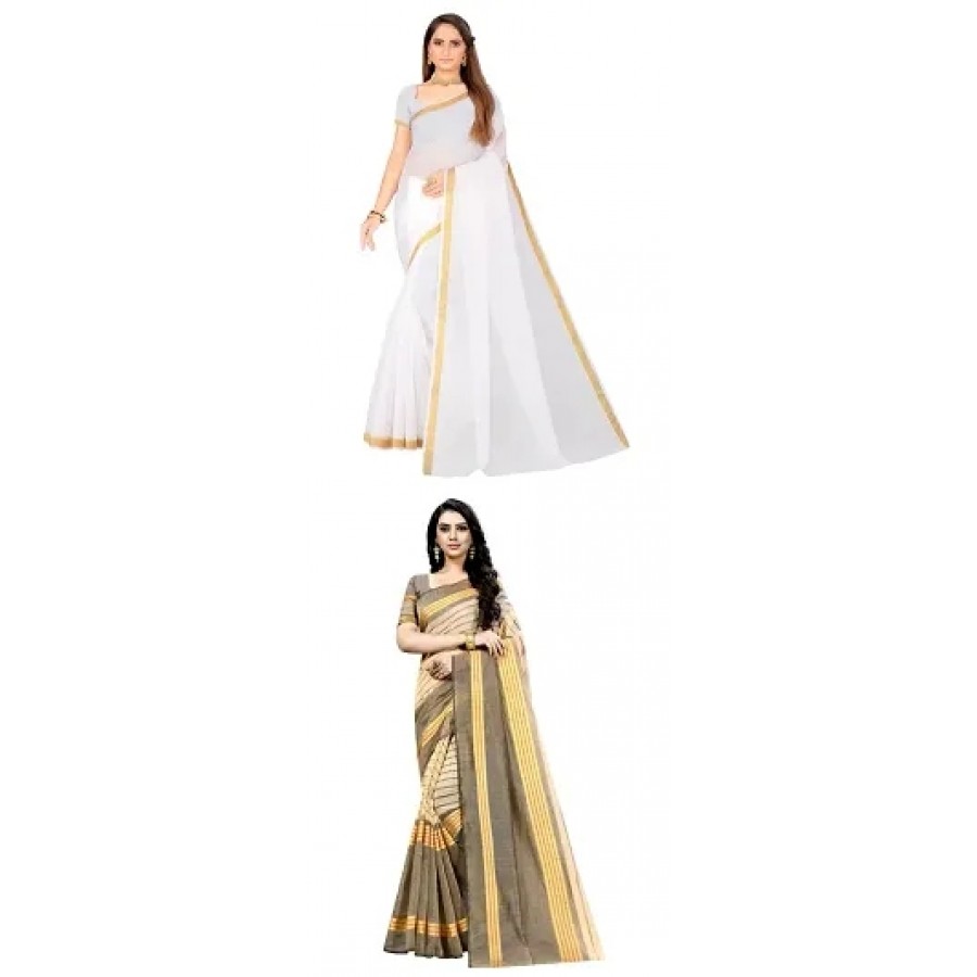 Stylish Cotton Blend Saree With Blouse Piece For Women Pack Of 2