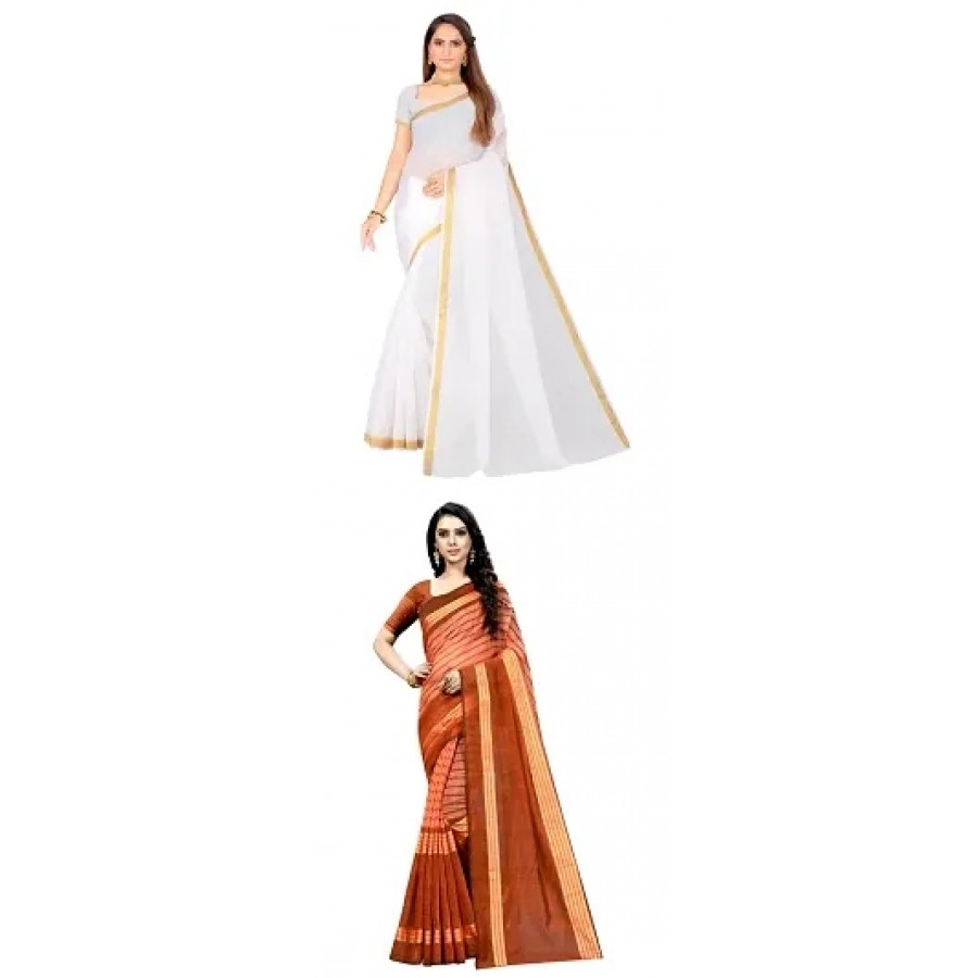 Stylish Cotton Blend Saree With Blouse Piece For Women Pack Of 2