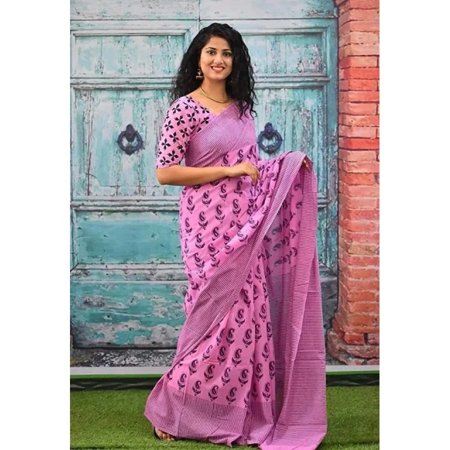 Stylish Cotton Printed Bollywood Sarees With Blouse Piece