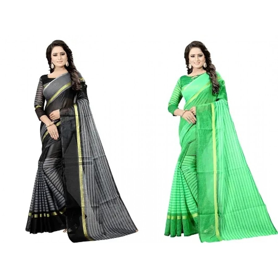 Stylish Fancy Cotton Silk Daily Wear Striped Saree With Blouse Piece For Women Pack Of 2