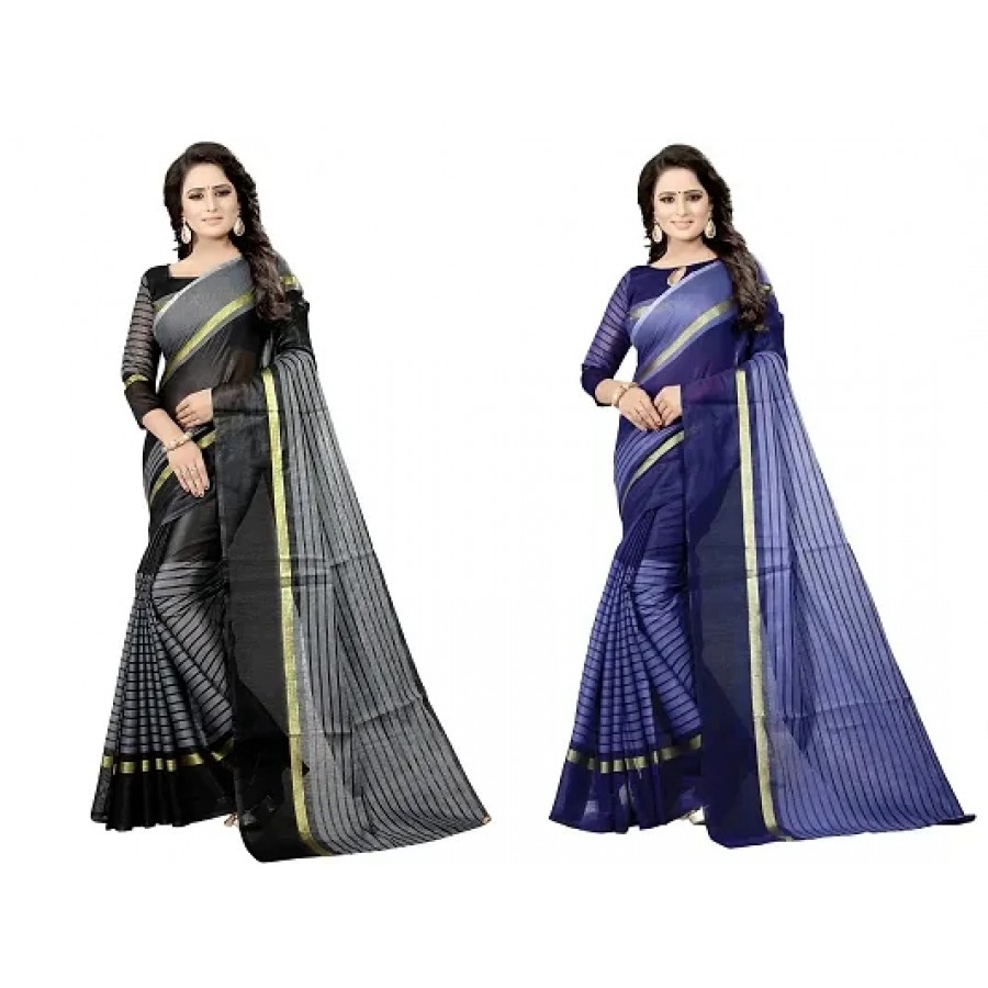 Stylish Fancy Cotton Silk Daily Wear Striped Saree With Blouse Piece For Women Pack Of 2