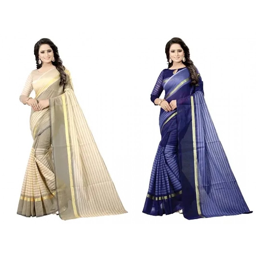 Stylish Fancy Cotton Silk Daily Wear Striped Saree With Blouse Piece For Women Pack Of 2