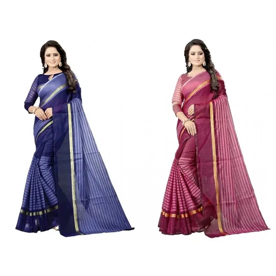 Stylish Fancy Cotton Silk Saree With Blouse Piece For Women Pack Of 2