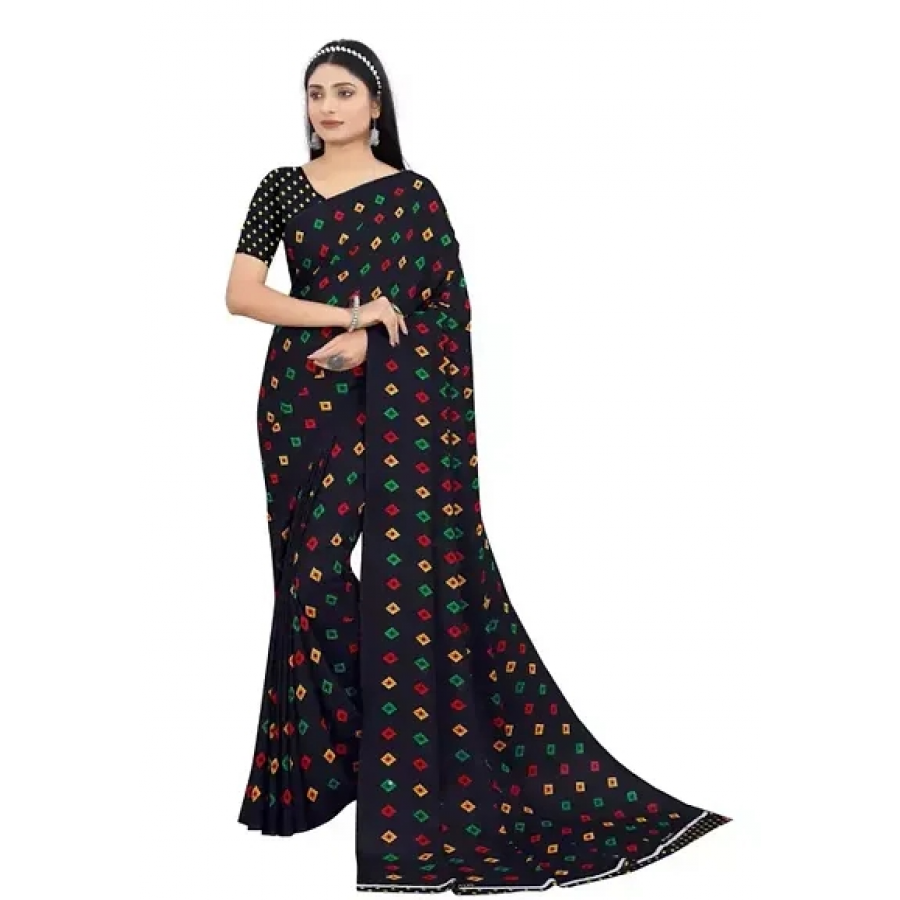 Stylish Georgette Black Printed Saree with Blouse piece