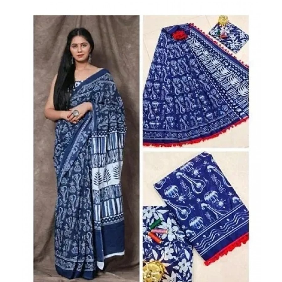 Stylish Mulmul Cotton Blue Saree with Blouse piece