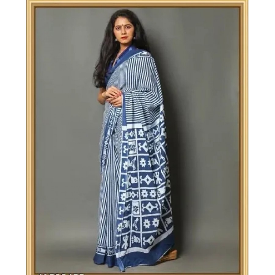 Stylish Mulmul Cotton Printed Saree with Blouse Piece