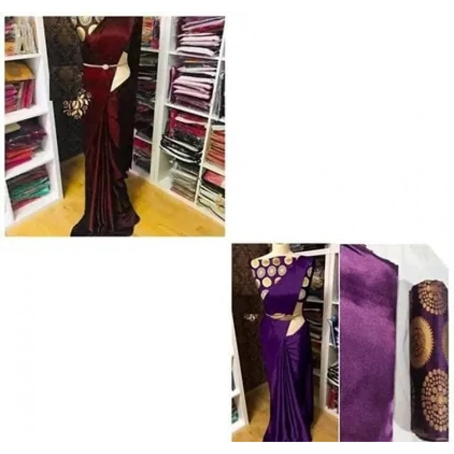 Trendy Satin Solid Saree With Blouse Piece Pack Of 2