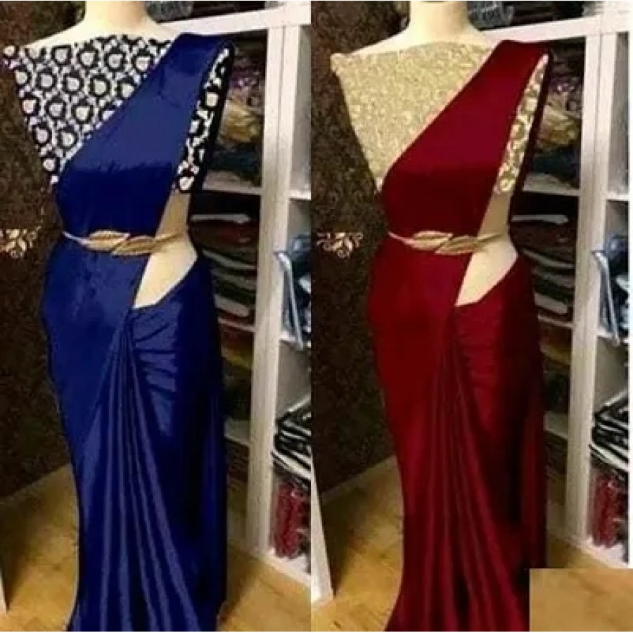 Trendy Satin Solid Saree With Blouse Piece Pack Of 2