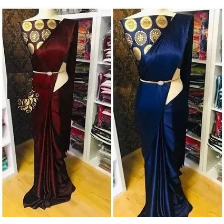 Trendy Satin Solid Saree With Blouse Piece Pack Of 2