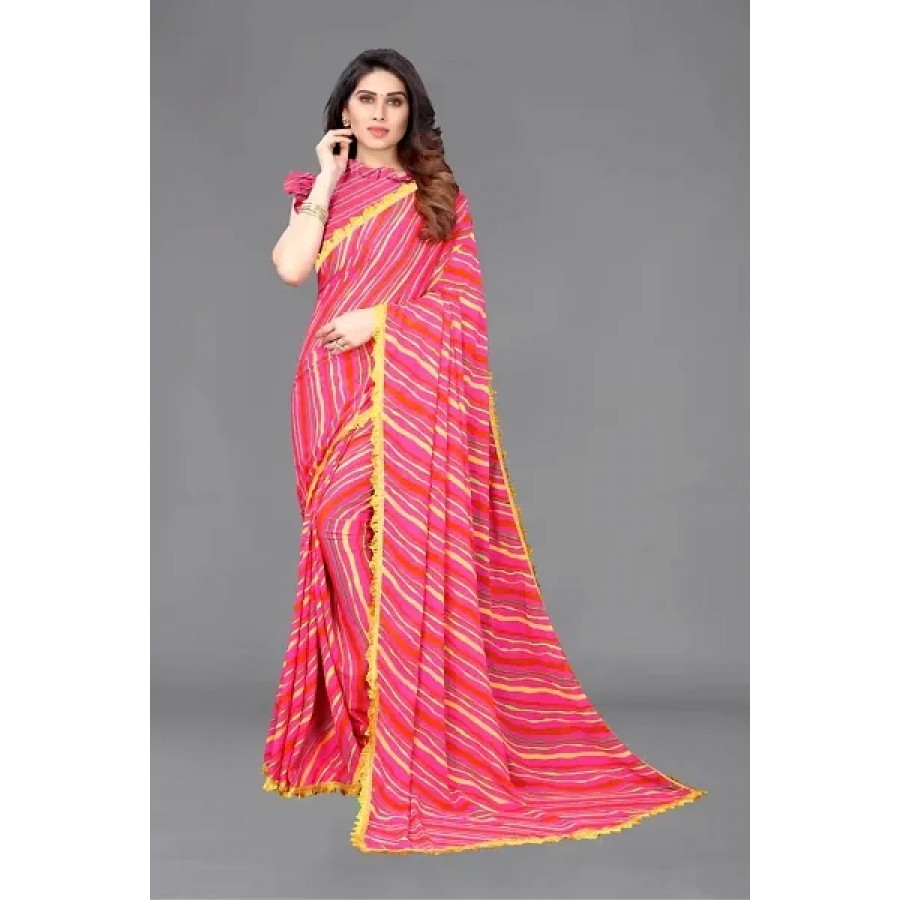 Women Georgette printed leriya saree with  Unstitched Blouse Piecee pink