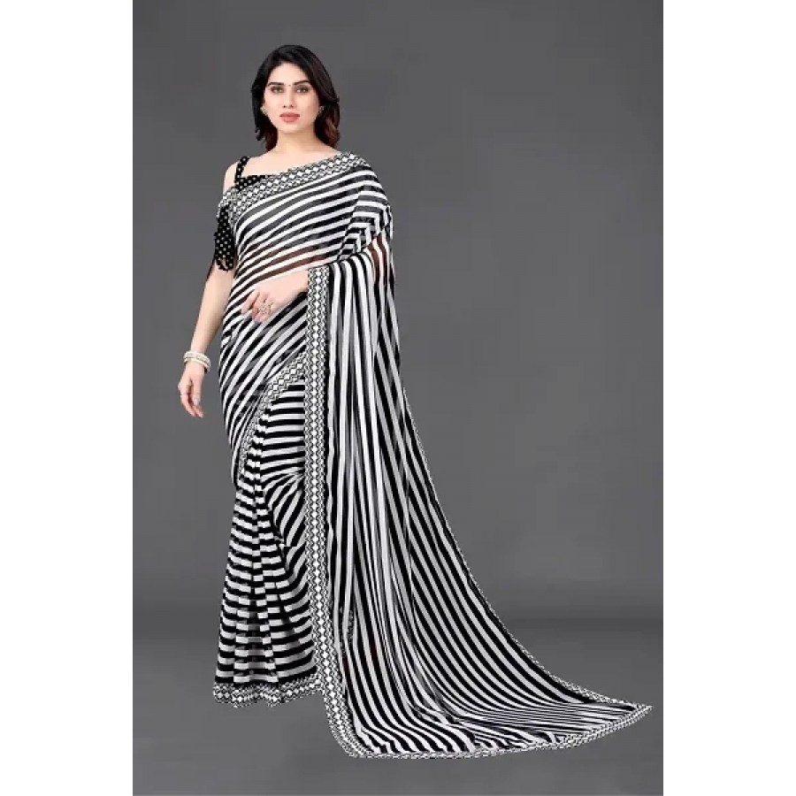 Women Georggate printed saree With Unstitched Blouse Piecee black and white