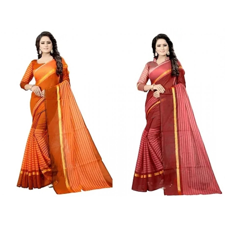 Women Stylish Cotton Silk Striped Saree with Blouse piece