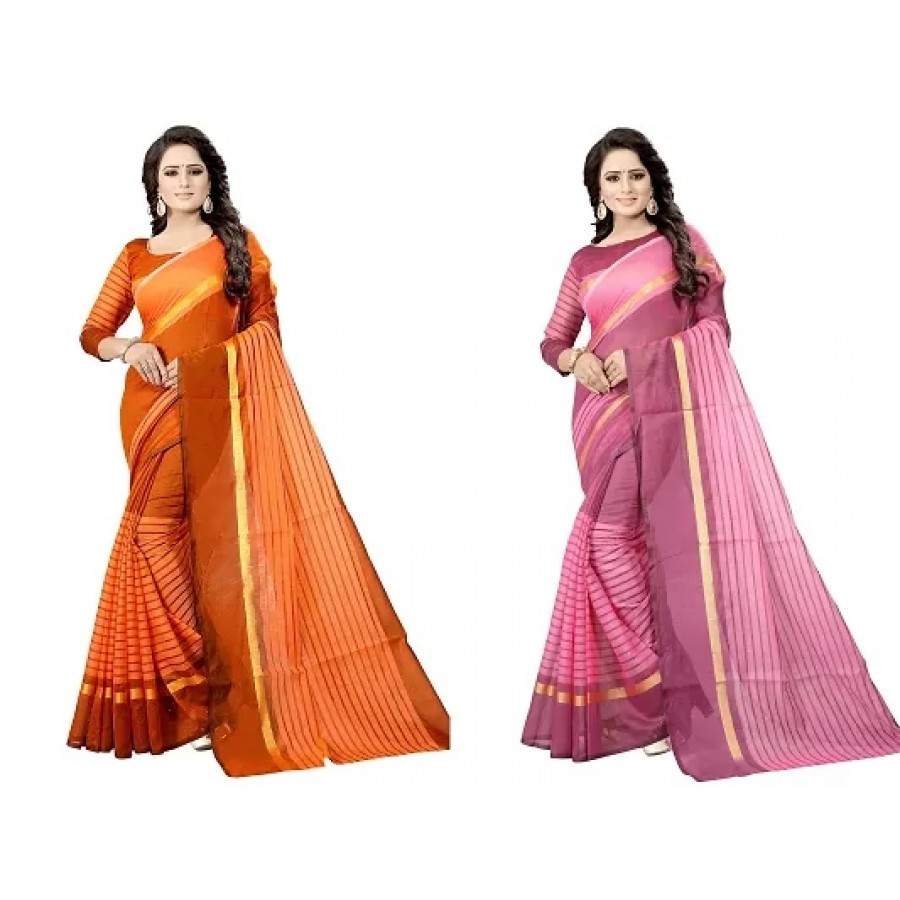 Women Stylish Cotton Silk Striped Saree with Blouse piece