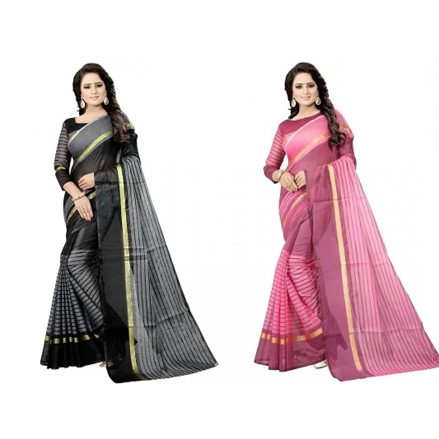 Women Stylish Cotton Silk Striped Saree with Blouse piece