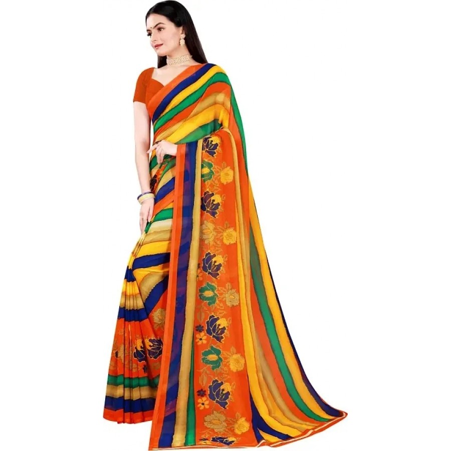 Women Stylish Georgette Striped Saree with Blouse piece