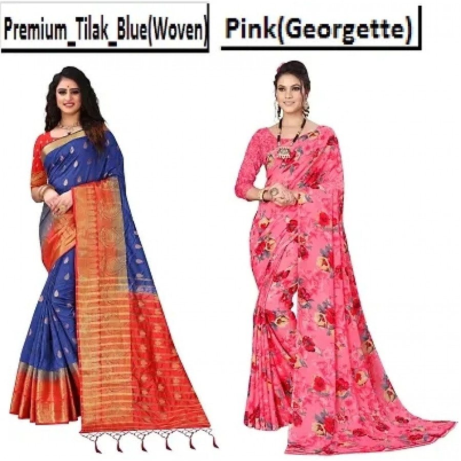 Women's Georgette  Woven Flower Printed Sarees with Blouse Piece (Pack of 2)