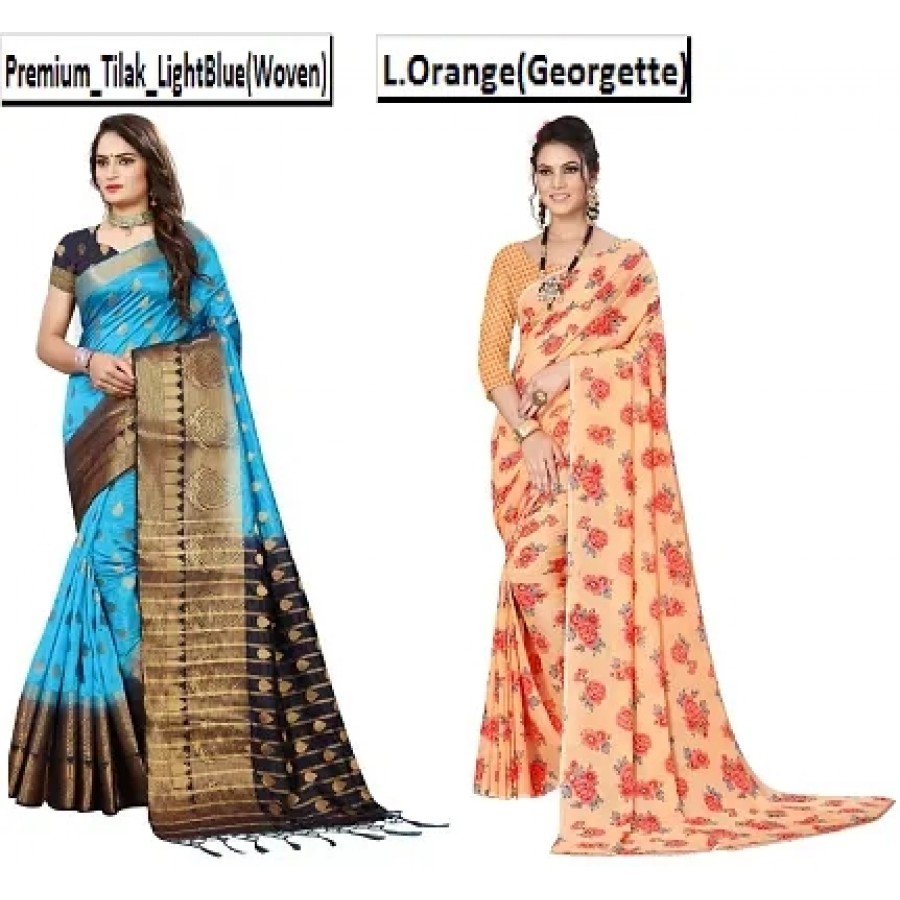 Women's Georgette  Woven Flower Printed Sarees with Blouse Piece (Pack of 2)