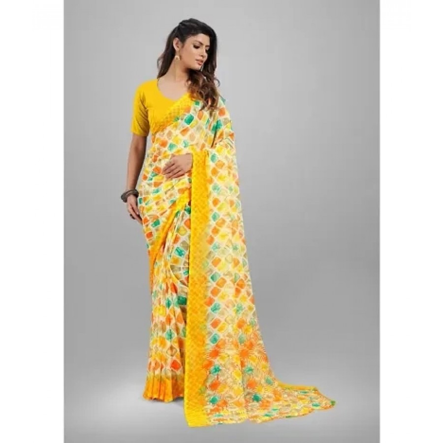 Yellow Silk Blend Saree With Blouse Piece For Women