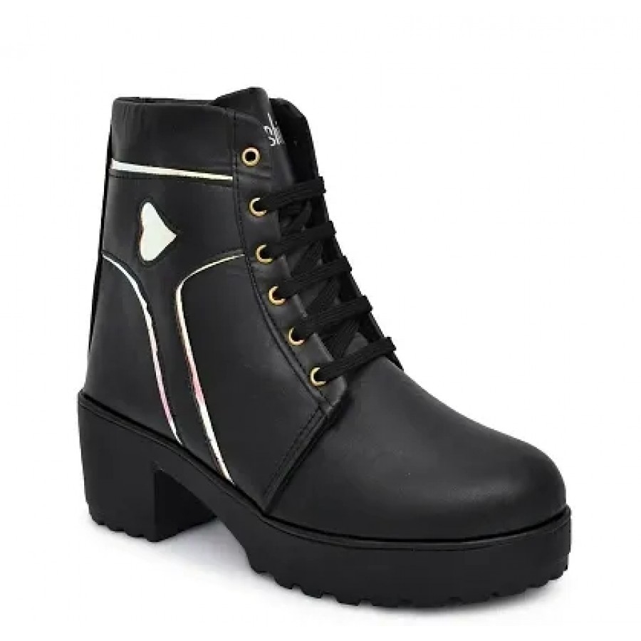 Elegant Black Synthetic Solid Heeled Boots For Women