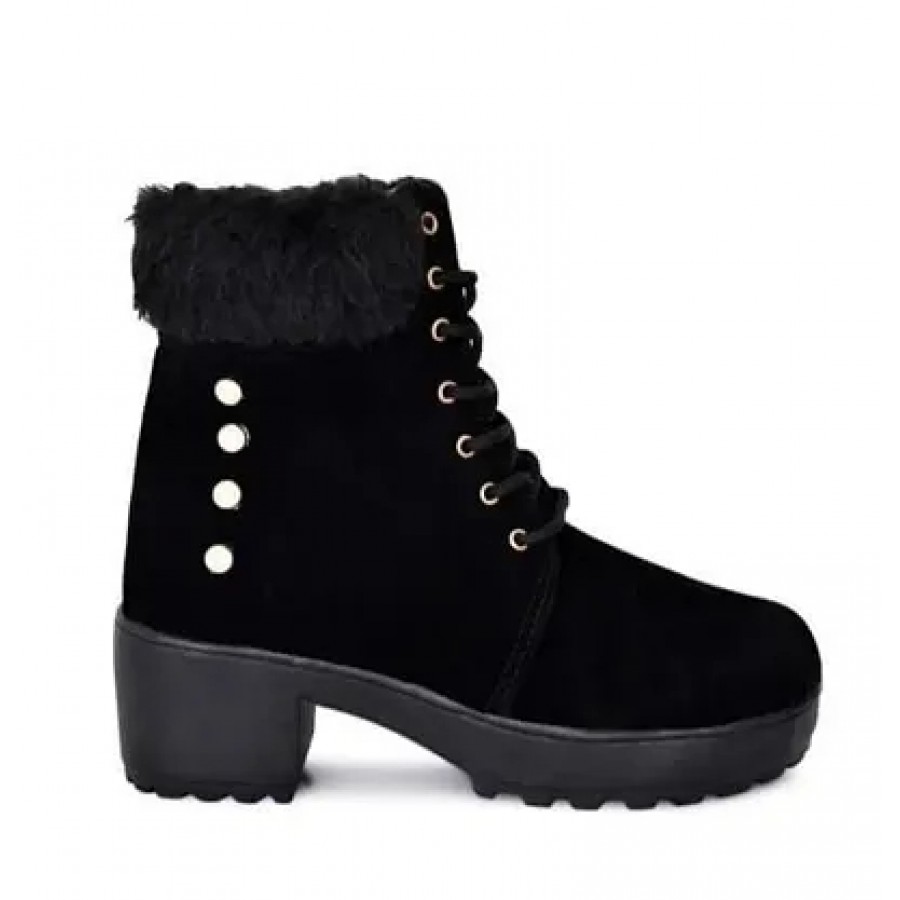 Elegant Black Synthetic Solid Heeled Boots For Women