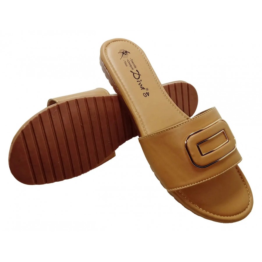 Diva:Trendy Unique You Soft Casual Slide Slippers with Golden Buckle