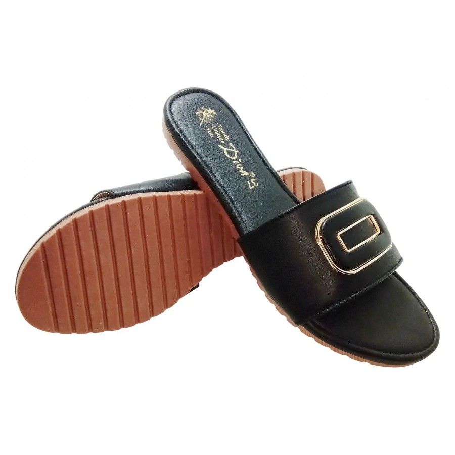 Diva:Trendy Unique You Soft Casual Slide Slippers with Golden Buckle