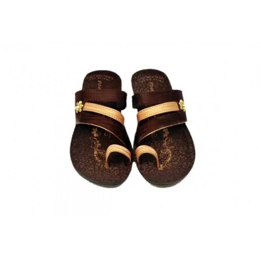 Elegant Brown PU Self Design Flat Sandals For Women