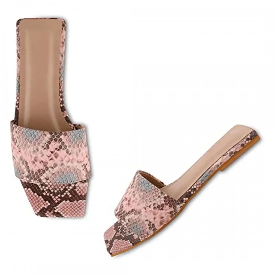 Elegant Faux Leather Nude Pink Snake Print Design Fashion Flats For Women