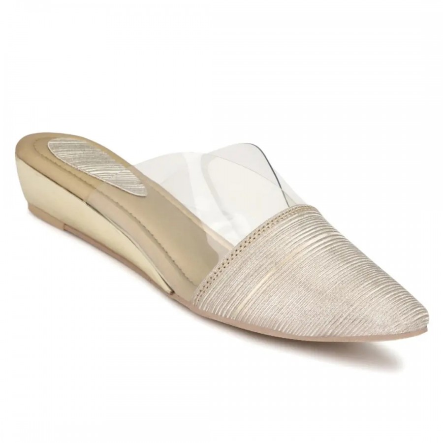 Womens Golden Synthetic Slip-on Fashion Mules