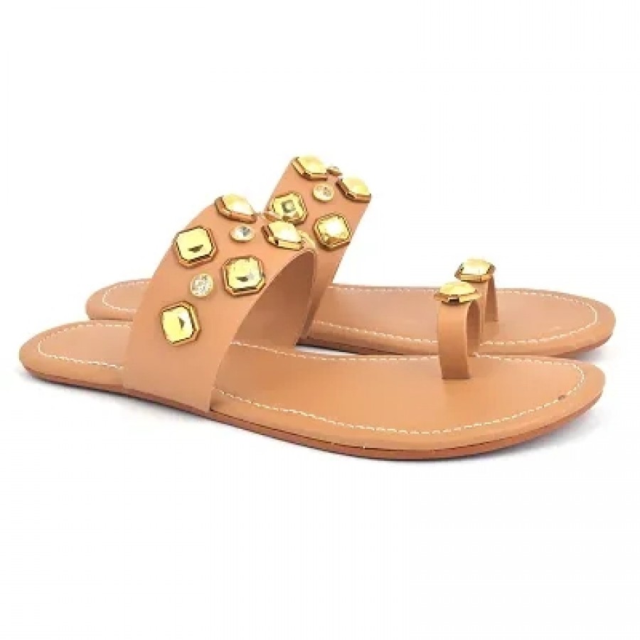 Elegant Tan Solid Synthetic Slippers For Women