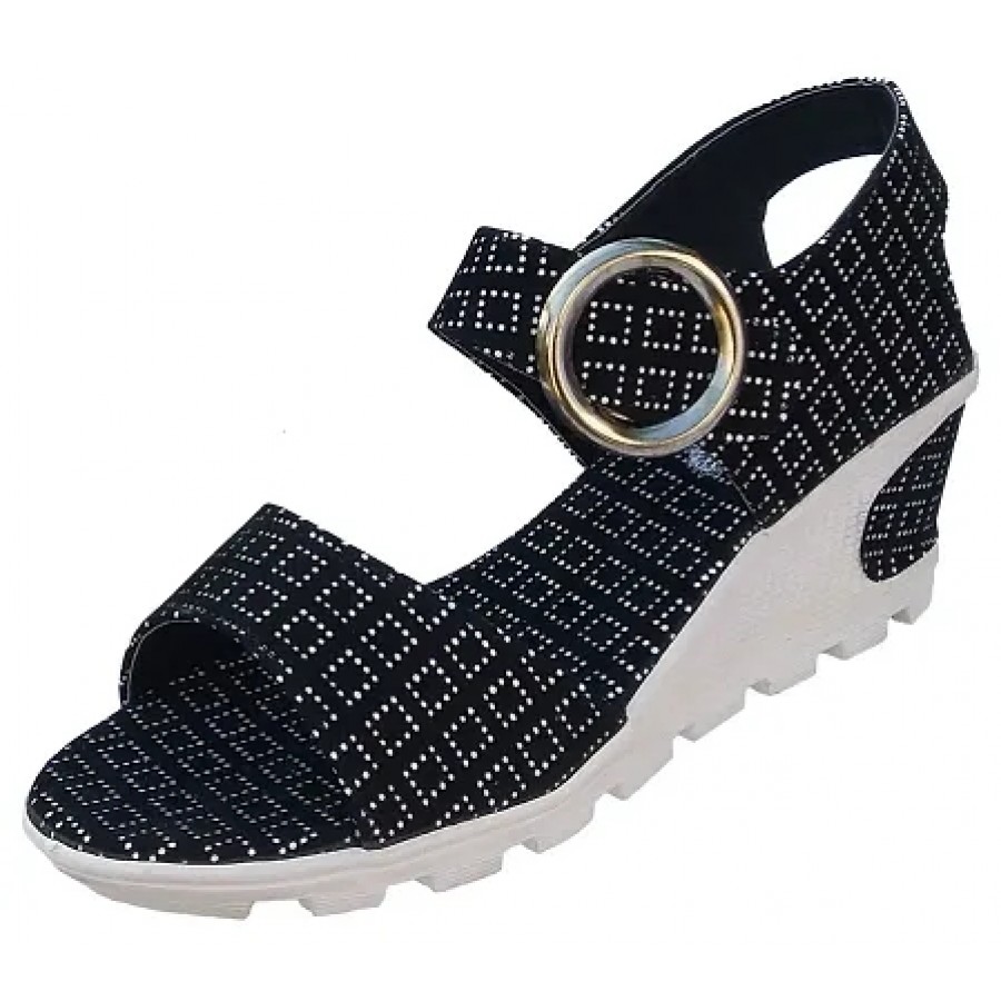 Black Synthetic Printed Wedges For Women