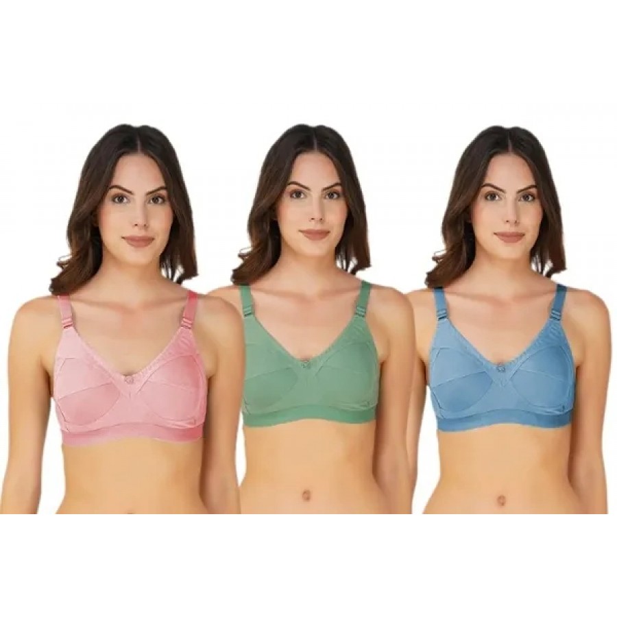 Arc de Shapes Women Cotton Full Coverage Non Padded Non-Wired Everyday Bra Pack of 3 (Green,Peach,Blue)