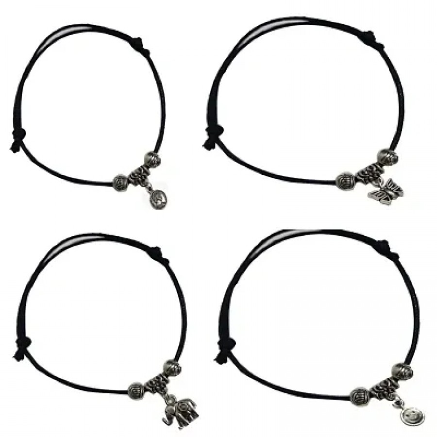 Adjustable Black Thread Anklet with Oxidised Hanging for Girls (set of 4)