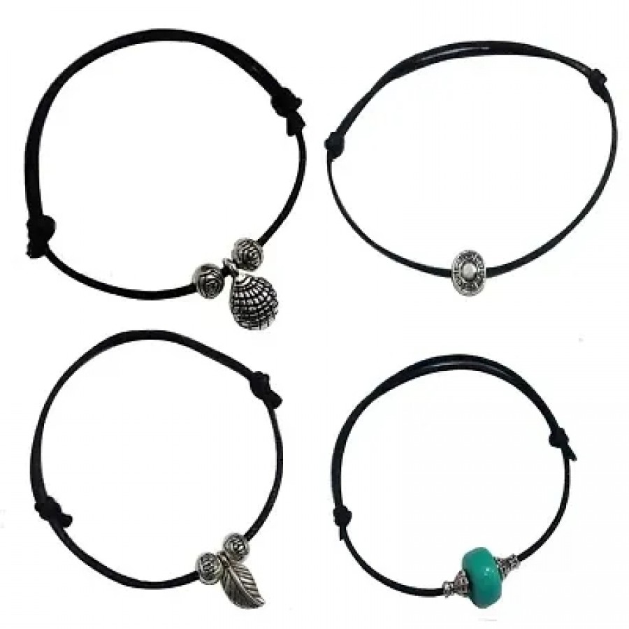 Adjustable Black Thread Anklet with Oxidised Hanging for Girls (set of 4)