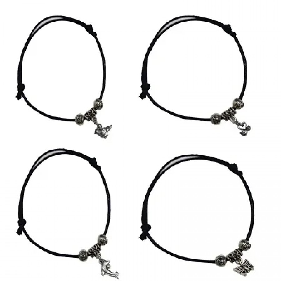 Adjustable Black Thread Anklet with Oxidised Hanging for Girls (set of 4 anklets)