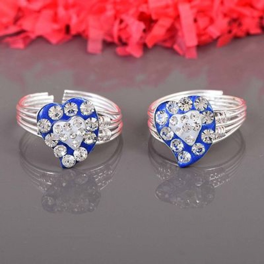 Admier Silver Plated Brass heartshape CZ Studded blue meenakari designer adjustable Toering(1 pair)