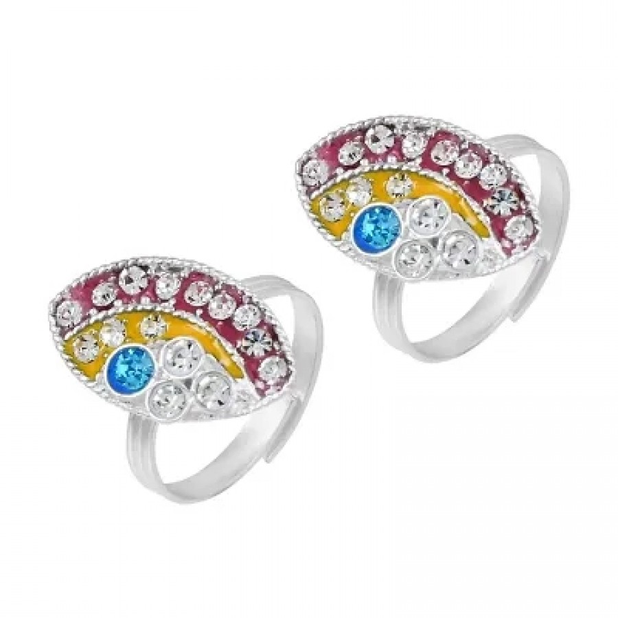 Trendy Silver Plated Brass Marquise Shape Multi CZ Studded Meenakari Toe Ring For Women