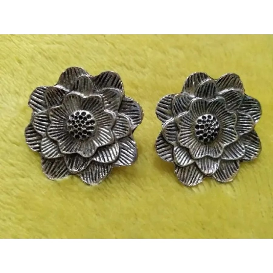 Flower Design Silver Oxidised Studs