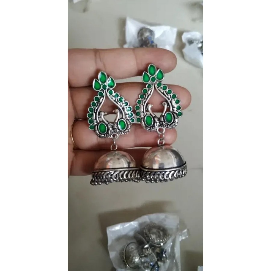 German Silver Dual Peacock Jhumka Earrings