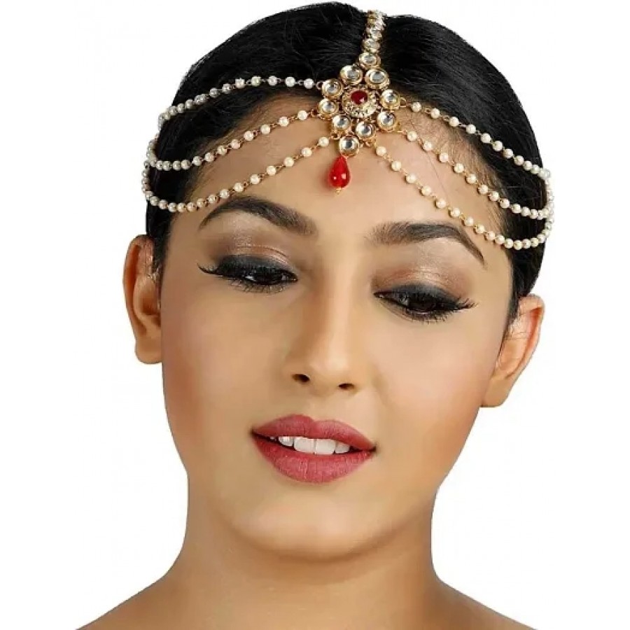 Hair Jewellery Stylish Pearl  Kundan Traditional Gold Plated Matha Patti Maang Tikka  for Women