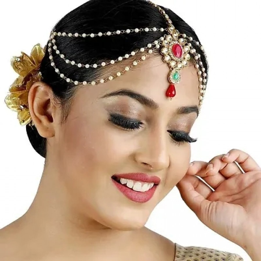 Hair Jewellery Stylish Pearl  Kundan Traditional Gold Plated Matha Patti Maang Tikka  for Women