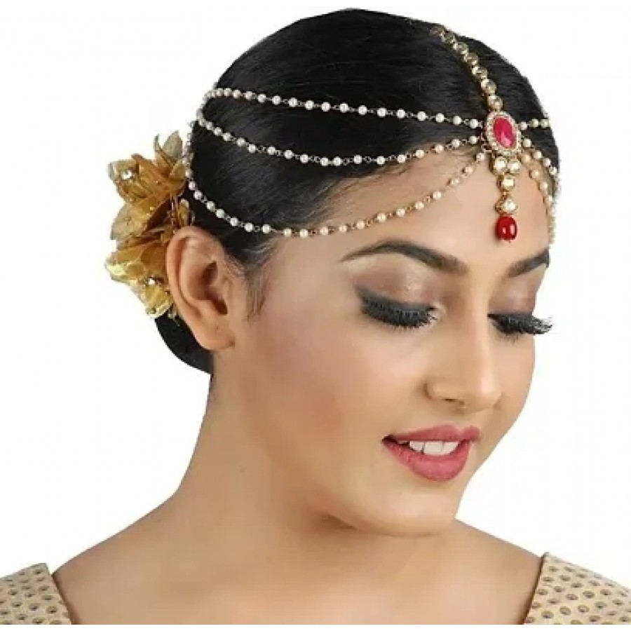 Hair Jewellery Stylish Pearl  Kundan Traditional Gold Plated Matha Patti Maang Tikka  for Women