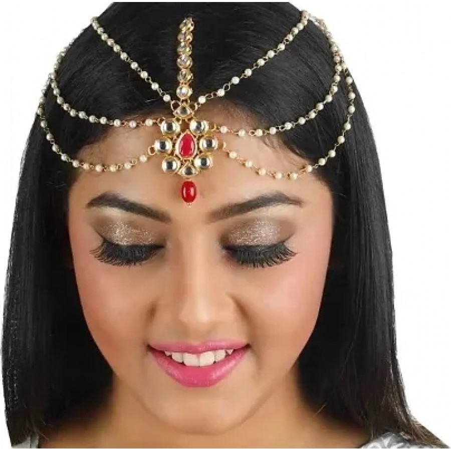 Hair Jewellery Stylish Pearl  Kundan Traditional Gold Plated Matha Patti Maang Tikka  for Women