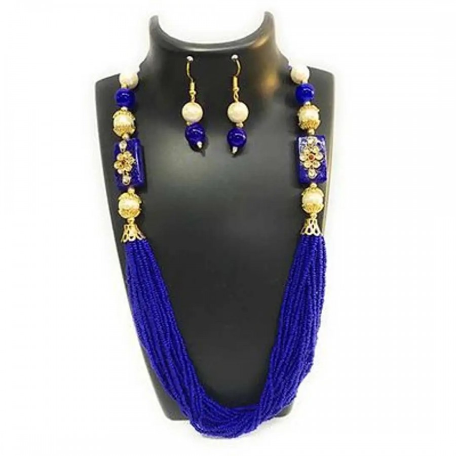 Blue Fabric American Diamond Jewllery Set