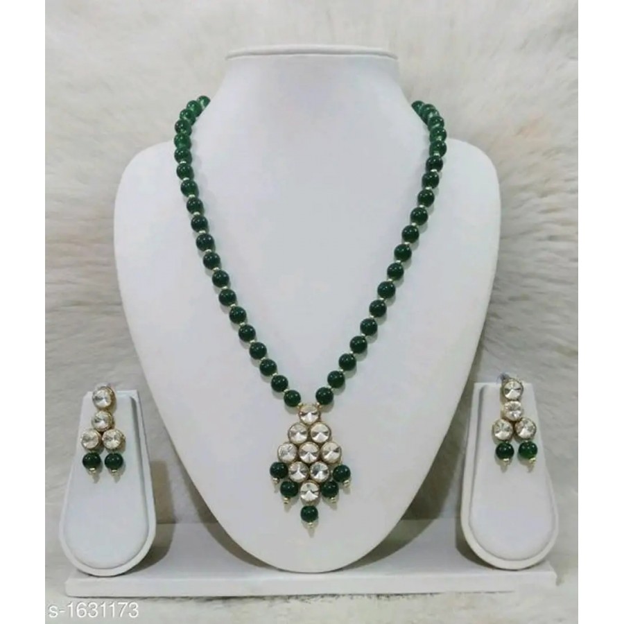 Green Alloy Kundan Beads Nacklace Set