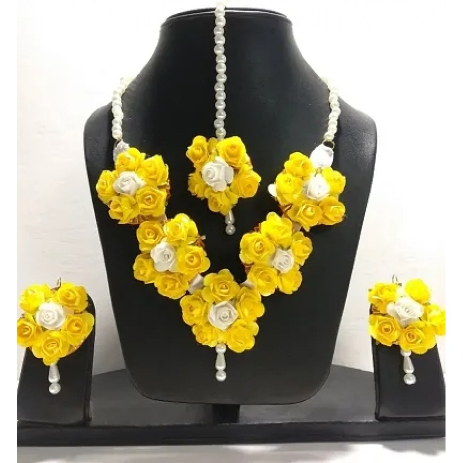 Handmade Floral Flower Jewellery Set With Maang Tika and Earrings