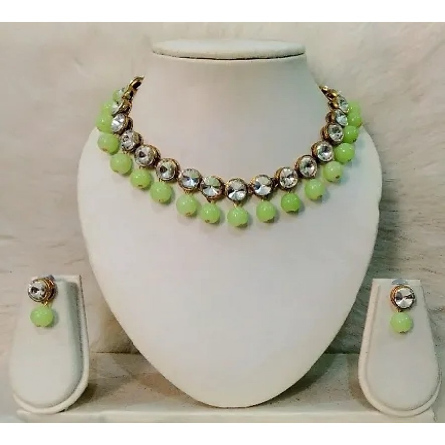 Kundan And Pista Glass Bead Necklace With Earrings