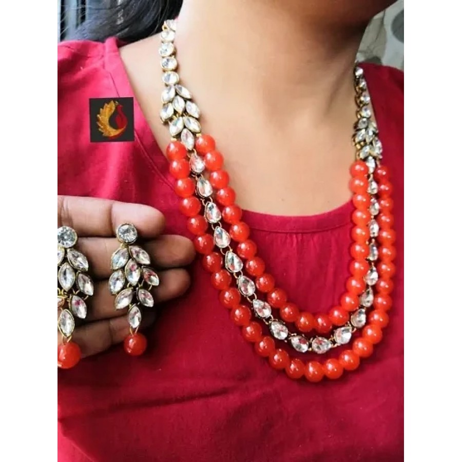 Kundan Coloured Beads Necklace with Earrings