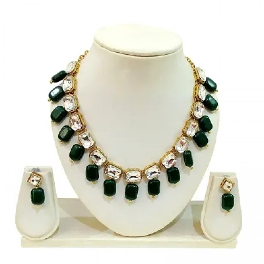 Kundan Square Stone Necklace set with Earring Green